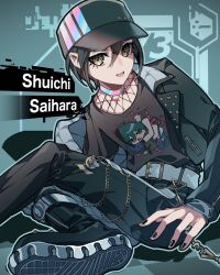 Rule 34 | 1boy, baseball cap, belt, belt buckle, black footwear, black hair, black hat, black jacket, black nails, black pants, black shirt, boots, buckle, chain, character name, character print, commentary request, danganronpa (series), danganronpa v3: killing harmony, eyelashes, green eyes, hair between eyes, hat, highres, jacket, long sleeves, looking at viewer, male focus, nota sayaka, official alternate costume, open clothes, open jacket, open mouth, pants, saihara shuichi, self character print, shirt, short hair, sitting, smile, solo, white belt