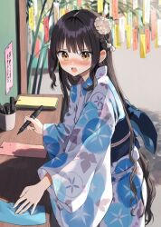 Rule 34 | 1girl, black hair, blush, brown eyes, commentary request, floral print, flower, from side, hair flower, hair intakes, hair ornament, highres, holding, japanese clothes, kimono, long hair, long sleeves, looking at viewer, looking to the side, nose blush, obi, open mouth, original, pentagon (railgun ky1206), print kimono, sash, solo, tanabata, tanzaku, translation request, very long hair, white flower, white kimono, wide sleeves