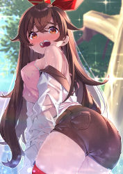 Rule 34 | 1girl, absurdres, amber (genshin impact), ass, bare shoulders, blush, breasts, brown shorts, covered erect nipples, embarrassed, genshin impact, goshichi shoji, highres, long hair, long sleeves, looking at viewer, medium breasts, open mouth, outdoors, pink tank top, see-through, short shorts, shorts, sky, solo, tank top, thick thighs, thighhighs, thighs, tree, undressing, wavy mouth, wet, wet clothes, yellow eyes