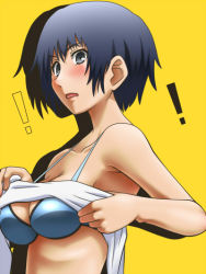 Rule 34 | !, 1girl, atlus, awa, blue bra, blue eyes, blue hair, bra, breasts, cleavage, lingerie, matching hair/eyes, open mouth, persona, persona 4, shirogane naoto, short hair, solo, underwear, yellow background