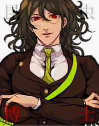 Rule 34 | 10s, 1boy, black hair, crossed arms, danganronpa (series), danganronpa v3: killing harmony, glasses, gokuhara gonta, green necktie, hisida, insect cage, long hair, looking at viewer, male focus, messy hair, muscular, necktie, red eyes, school uniform, smile, solo, upper body