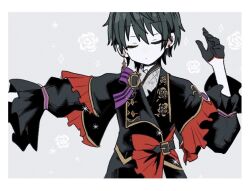 Rule 34 | 1boy, belt buckle, black gloves, black hair, border, buckle, closed eyes, closed mouth, commentary, earrings, ensemble stars!, facing viewer, floral background, floral print, gloves, hand up, hermitage (ensemble stars!), jewelry, kagehira mika, long sleeves, male focus, manikamo19, official alternate hairstyle, short hair, solo, symbol-only commentary, upper body, white border