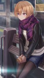 Rule 34 | 1girl, bench, black pantyhose, blonde hair, blurry, blush, breath, can, canned coffee, coffee, commentary request, denim, denim shorts, depth of field, drink can, highres, idolmaster, idolmaster shiny colors, jacket, pantyhose, poster (object), purple eyes, saijo juri, scarf, short hair, shorts, snow, solo, sweater, train station, white sweater, yanoyoru