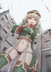 Rule 34 | 1girl, araga kiwi, black panties, blush, breasts, building, cameltoe, cleft of venus, finger to mouth, from below, gluteal fold, green thighhighs, hat, leoparde (mahou shoujo ni akogarete), looking at viewer, looking down, magical girl, mahou shoujo ni akogarete, medium breasts, military hat, military uniform, navel, open mouth, outdoors, panties, red eyes, sky, smile, solo, thighhighs, thong, underwear, uniform, user xaae3733