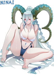 Rule 34 | 1girl, barefoot, breasts, cleavage, fate/grand order, fate (series), feet, green horns, highres, horns, large breasts, larva tiamat (third ascension) (fate), long hair, looking at viewer, ninai, parted lips, pink eyes, pointy ears, ponytail, soles, solo, tiamat (fate), toes