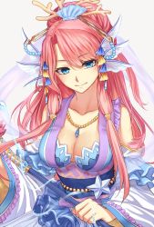 Rule 34 | 1girl, beads, blue eyes, blue theme, breasts, cleavage, collarbone, coral, detached sleeves, diine (shironeko project), eyebrows, fins, frills, hagoromo, hair ornament, hair stick, head fins, highres, holding, holding staff, hujitaumi, jewelry, large breasts, long hair, looking at viewer, necklace, parted bangs, pink hair, ringed eyes, sash, shawl, shell hair ornament, shironeko project, simple background, smile, solo, staff, upper body, wide sleeves