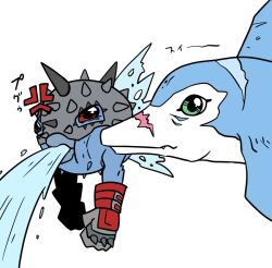 Rule 34 | angry, belt, digimon, digimon (creature), dolphin, fish, gloves, puffer fish, pukumon, red eyes, rukamon, simple background, water, white background