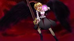 Rule 34 | 1girl, :d, attack, black wings, blonde hair, darkness, energy, energy ball, evil smile, ex-rumia, fake wings, halo, highres, open mouth, red eyes, rumia, shirt, skirt, slit pupils, smile, sword, tennenmoe, touhou, vest, weapon, wings