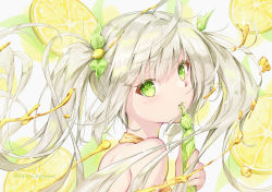 Rule 34 | 1girl, ahoge, bare shoulders, commentary request, daidai (daidai826), floating hair, food, food-themed hair ornament, fruit, green eyes, grey hair, hair ornament, halterneck, hand up, highres, holding, lemon, lemon hair ornament, lemon slice, long hair, looking at viewer, looking back, original, parted lips, solo, twintails, twitter username