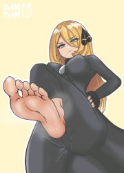 Rule 34 | 1girl, absurdres, barefoot, blonde hair, breasts, creatures (company), cynthia (pokemon), feet, foot up, game freak, hair over one eye, hand on own hip, highres, large breasts, long hair, nintendo, pokemon, pokemon dppt, soles, steam, toes