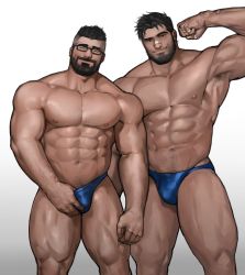 Rule 34 | 2boys, abs, bara, bare pectorals, beard, bulge, dopey (dopq), facial hair, flexing, glasses, highres, large pectorals, male focus, male pubic hair, multiple boys, muscular, muscular male, navel, navel hair, nipples, original, pectorals, pubic hair, short hair, smile, stomach, stubble, thick thighs, thighs, topless male
