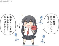 Rule 34 | 1girl, black hair, black skirt, black socks, chibi, commentary request, dress shirt, food, full body, goma (yoku yatta hou jane), hand fan, hatsushimo (kancolle), kantai collection, kneehighs, long hair, low-tied long hair, necktie, open mouth, paper fan, pleated skirt, popsicle, red eyes, red necktie, school uniform, shirt, simple background, skirt, socks, solo, standing, translation request, twitter username, uchiwa, white background