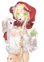 Rule 34 | 1girl, absurdres, apple, bad id, bad pixiv id, blonde hair, breasts, cherry, cleavage, dal-gi, eating, food, frilled sleeves, frills, fruit, green apple, green hair, highres, hood, little red riding hood, long sleeves, mouth hold, no pants, original, panties, red panties, side ponytail, simple background, solo, underwear, white background