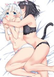 Rule 34 | 2girls, animal ears, bad id, bad pixiv id, barefoot, bed sheet, black bra, black hair, black panties, black vs white, blush, bow, bow panties, bra, cat ears, cat girl, cat tail, closed mouth, commentary, cuddling, closed eyes, female focus, flat chest, from above, frown, hair bow, highres, hug, hug from behind, kuronekomimi (saku), lace, lace-trimmed bra, lace-trimmed panties, lace trim, legs, lips, long hair, looking at another, looking back, low twintails, lying, multiple girls, navel, on bed, on side, original, panties, parted lips, pink bow, saku (syake135), shironekomimi (saku), short hair, sleeping, tail, twintails, underwear, underwear only, white bra, white hair, white panties, yuri