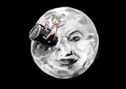 Rule 34 | 1girl, a trip to the moon, arm up, black background, brown shorts, child, closed eyes, crash, crossover, duralumin, facing viewer, green hair, highres, koiwai yotsuba, lips, looking at another, medium hair, moon, one eye closed, open mouth, parted lips, potsato, quad tails, raglan sleeves, raised eyebrows, red footwear, riding, riding rocket, rocket, rocket ship, shirt, shorts, simple background, sitting, socks, spacecraft, stuffed animal, stuffed toy, teddy bear, waving, white socks, wide shot, yotsubato!