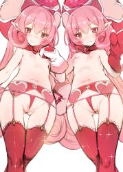 Rule 34 | 2girls, absurdres, blush, breasts, cleft of venus, closed mouth, commentary request, curly hair, garter belt, gloves, hair between eyes, hand on own hip, harigane shinshi, hat, heart, highres, long hair, looking at viewer, multiple girls, navel, neneka (princess connect!), nipples, panties, partially visible vulva, pink hair, pointy ears, princess connect!, red eyes, red legwear, red panties, revision, simple background, small breasts, smile, standing, thigh gap, thighhighs, topless, uncensored, underwear, underwear only, very long hair, wedgie, white background
