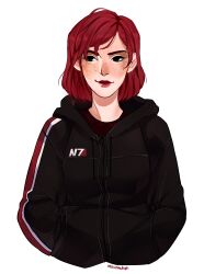 Rule 34 | 1girl, alternate costume, black eyes, black hoodie, commander shepard, commander shepard (female), commentary, english commentary, freckles, hands in pockets, highres, hood, hoodie, looking to the side, mass effect (series), mass effect 1, red hair, signature, simple background, solo, upper body, vacuumchan, white background