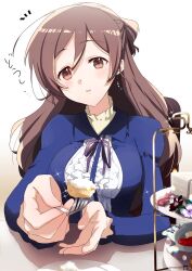 Rule 34 | 1girl, ahoge, alternate costume, blue jacket, brown eyes, brown hair, center frills, earrings, facing viewer, feeding, fort, frilled shirt, frills, half updo, jacket, jewelry, kantai collection, kimura shiki, long hair, mamiya (kancolle), open mouth, shirt, simple background, skirt, smile, solo, table, tiered tray, upper body, white background, white shirt