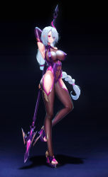 Rule 34 | 1girl, absurdres, alternate costume, armpits, arms behind head, black background, blue hair, bodysuit, braid, breasts, covered erect nipples, detached sleeves, eyes visible through hair, full body, genshin impact, high heels, highres, holding, holding polearm, holding weapon, impossible bodysuit, impossible clothes, large breasts, long hair, looking at viewer, nail polish, pink nails, polearm, purple bodysuit, red eyes, see-through, shenhe (genshin impact), simple background, single braid, sky wbo, solo, standing, tachi-e, toeless footwear, toenail polish, toenails, very long hair, weapon