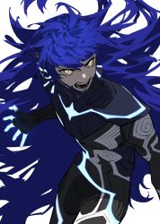 Rule 34 | 1boy, absurdres, androgynous, angry, armor, artist request, asymmetrical hair, bodysuit, eyelashes, highres, long hair, looking at viewer, male focus, mbojsaaan, open mouth, protagonist (smtv), purple hair, shin megami tensei, shin megami tensei v, simple background, solo, very long hair, yellow eyes
