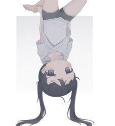 1girl back_hair bare_legs barefoot black_eyes black_shorts commentary_request highres jaggy_lines long_hair looking_at_viewer magu913 original shirt short_shorts short_sleeves shorts simple_background solo t-shirt twintails upside-down white_shirt