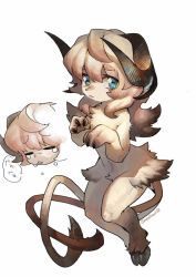Rule 34 | 1other, :&lt;, blue eyes, brown hair, claw pose, closed mouth, completely nude, curled horns, demon, fewer digits, furry, hooves, horizontal pupils, horns, long hair, looking at viewer, mullmull02, multiple horns, multiple tails, nude, original, simple background, tail, twitter username, two tails, white background