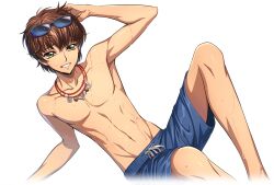 Rule 34 | 1boy, arm support, arm up, armpits, artist request, blue-framed eyewear, blue-tinted eyewear, blue male swimwear, brown hair, code geass, code geass: lost stories, collarbone, cropped legs, drawstring, eyewear on head, game cg, green eyes, grin, half-closed eyes, hand on own head, happy, highres, knees up, kururugi suzaku, leaning back, looking at viewer, male focus, male swimwear, multiple necklaces, navel, non-web source, official art, pectorals, short hair, sidelocks, simple background, sitting, smile, solo, stomach, sunglasses, swim trunks, teeth, tinted eyewear, toned, topless male, transparent background, wet