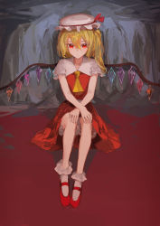 Rule 34 | 1girl, absurdres, ascot, bloomers, bobby socks, closed mouth, colored skin, crossed arms, crystal, flandre scarlet, frown, full body, hands on own knees, hat, hat ribbon, highres, ichika (ichika87), looking at viewer, mary janes, mob cap, multicolored wings, red eyes, red footwear, red ribbon, red skin, red vest, ribbon, shirt, shoes, short sleeves, skirt, skirt set, socks, solo, touhou, underwear, vest, white bloomers, white hat, white shirt, white socks, wings, yellow ascot