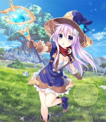 Rule 34 | 1girl, blush, breasts, cleavage, cleavage cutout, clothing cutout, day, dogoo, fantasy, four goddesses online: cyber dimension neptune, gloves, grass, hair ornament, hat, highres, light purple hair, long hair, looking at viewer, magic, medium breasts, nepgear, neptune (series), open mouth, purple eyes, purple hair, sky, solo, staff, tree, tsunako, witch hat