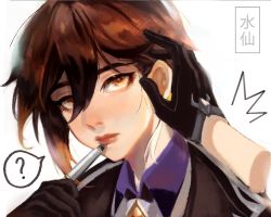 Rule 34 | 2boys, ?, ^^^, black gloves, black hair, brown hair, collared shirt, disembodied hand, earrings, english text, eyeliner, genshin impact, gloves, hair between eyes, hand in another&#039;s hair, highres, holding, holding pen, jacket, jewelry, long hair, looking up, makeup, male focus, multiple boys, necktie, pen, pen to mouth, shirt, simple background, single earring, solo focus, sparkle, spoken question mark, sui-sen, tartaglia (genshin impact), tassel, tassel earrings, translation request, white background, yellow eyes, zhongli (genshin impact)