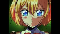 Rule 34 | 1girl, aegis (persona), blonde hair, blue eyes, bow, bowtie, closed mouth, collared shirt, commentary, eyelashes, green background, hair between eyes, headband, headphones, highres, looking at viewer, persona, persona 3, pillarboxed, portrait, red bow, red bowtie, retro artstyle, shadow, shirt, short hair, sidelocks, solo, symbol-only commentary, yuyuy 00