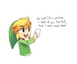 1boy black_eyes blonde_hair english_text green_hat green_shirt hat holding holding_photo link nintendo open_mouth photo_(object) pointy_ears shirt simple_background solo supsross teeth the_legend_of_zelda the_legend_of_zelda:_the_wind_waker toon_link white_background