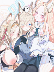 Rule 34 | 3girls, animal, animal ear fluff, animal ears, animal on head, bird, bird on head, black pantyhose, blonde hair, blue archive, blue eyes, blue necktie, breasts, closed mouth, commentary request, detached sleeves, dress, flower, flower wreath, forehead, fox ears, fox girl, gradient eyes, hair flower, hair ornament, hair over one eye, hairband, halo, heart, heart-shaped pupils, highres, holster, huge breasts, kaho (blue archive), kanna (blue archive), kanzashi, long sleeves, looking at viewer, loose necktie, multicolored eyes, multiple girls, necktie, nipples, off shoulder, on head, open clothes, orange eyes, pantyhose, parted bangs, partially unbuttoned, pink eyes, police, police uniform, policewoman, sailor collar, sakyumiru, seia (blue archive), sharp teeth, sideboob, sleeves past fingers, sleeves past wrists, small breasts, smile, striped clothes, striped pantyhose, swept bangs, symbol-shaped pupils, teeth, thick eyebrows, thigh holster, trait connection, uniform, vertical-striped clothes, vertical-striped pantyhose, white dress, white pantyhose, white sailor collar, yellow eyes