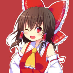 Rule 34 | 1girl, ascot, bad id, bad pixiv id, bare shoulders, blush, bow, brown hair, detached sleeves, hair bow, hair tubes, hakurei reimu, one eye closed, open mouth, red background, red eyes, sarashi, shefu, solo, touhou