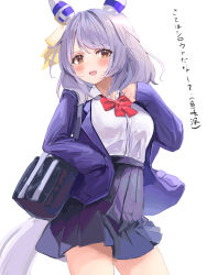 Rule 34 | 1girl, absurdres, alternate costume, animal ears, bag, blue bag, blue jacket, blue skirt, blush, bow, brown eyes, collared shirt, commentary request, cowboy shot, ear covers, ear ornament, grey hair, hair between eyes, hand in pocket, hand on own chest, highres, hishi miracle (umamusume), horse ears, horse girl, horse tail, jacket, long sleeves, looking at viewer, medium hair, open clothes, open jacket, open mouth, pleated skirt, red bow, shirt, shoulder bag, simple background, skirt, smile, solo, tail, translation request, tsurubami (gaad5227), umamusume, white background, white shirt