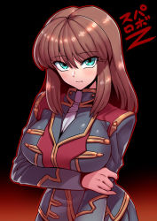 Rule 34 | 1girl, breasts, brown hair, closed mouth, highres, holding own arm, large breasts, long hair, looking at viewer, setsuko ohara, simple background, solo, super robot wars, super robot wars z, super robot wars z1, tukiwani, uniform