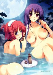 Rule 34 | 2girls, :d, absurdres, alcohol, ass, bath, blue eyes, blush, breasts, highres, huge filesize, crossed legs, licking lips, looking back, moon, multiple girls, night, nipples, non-web source, nude, onsen, open mouth, outdoors, plate, purple hair, red eyes, red hair, sake, sitting, smile, steam, tomose shunsaku, tongue, tongue out, tree, water, wet