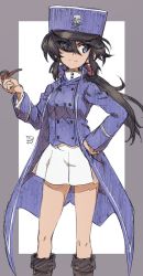 Rule 34 | 1girl, bad id, bad twitter id, bc freedom military uniform, black footwear, black hair, blue coat, blue eyes, blue hat, boots, buttons, closed mouth, coat, dark-skinned female, dark skin, erakin, feet out of frame, girls und panzer, grey background, hand on own hip, hat, highres, holding, kepi, long hair, military hat, miniskirt, ogin (girls und panzer), pleated skirt, signature, simple background, skirt, skull and crossbones, smile, smoking pipe, solo, standing, two-tone background, white background, white skirt