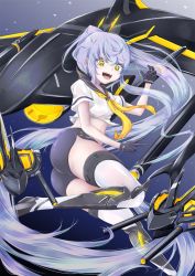 Rule 34 | 1girl, absurdly long hair, ass, azur lane, black gloves, black shorts, commentary, gloves, high ponytail, highres, long hair, mechanic, midriff, open mouth, ponytail, short shorts, shorts, silver hair, siren (azur lane), purifier (azur lane), solo, teeth, thighhighs, tongue, tongue out, turret, v, very long hair, white thighhighs, yamamoto rintarou, yellow eyes