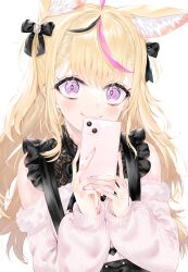 Rule 34 | 1girl, absurdres, ahoge, animal ear fluff, animal ears, black bow, black hair, blonde hair, blush, bow, cellphone, closed mouth, extra ears, fox ears, hair bow, highres, holding, holding phone, hololive, kou mashiro, long hair, long sleeves, looking at viewer, multicolored hair, omaru polka, phone, pink hair, pink sweater, puffy long sleeves, puffy sleeves, purple nails, simple background, smartphone, smile, solo, streaked hair, sweater, upper body, virtual youtuber, white background