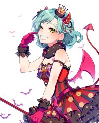 Rule 34 | 1girl, aqua hair, armlet, bad id, bad pixiv id, bang dream!, bat (animal), bow, bowtie, bracelet, crown, demon horns, demon tail, demon wings, dress, earrings, finger to cheek, fur collar, gloves, green eyes, grin, heart, heart earrings, hikawa hina, horns, jack-o&#039;-lantern, jewelry, kjkj (dirnrhd80), lace, lace-trimmed gloves, lace trim, looking at viewer, mini crown, one eye closed, pink gloves, pinky out, polka dot, polka dot dress, red dress, smile, solo, striped bow, striped bowtie, striped clothes, striped dress, striped neckwear, tail, vertical-striped clothes, vertical-striped dress, wings