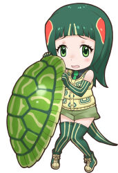 Rule 34 | 1girl, green eyes, green hair, highres, kemono friends, looking at viewer, official art, red-eared slider (kemono friends), shield, short hair, simple background, solo, tachi-e, yoshizaki mine