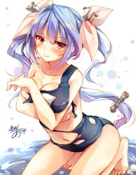 Rule 34 | 10s, 1girl, :&gt;, blue hair, gradient hair, i-19 (kancolle), kantai collection, long hair, looking at viewer, multicolored hair, one-hour drawing challenge, one-piece swimsuit, personification, pink hair, red eyes, school swimsuit, signature, solo, swimsuit, toosaka asagi, torn clothes, torn swimsuit, twintails