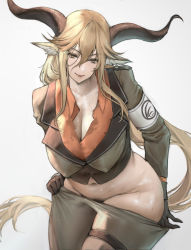 Rule 34 | 1girl, absurdres, animal ears, arknights, black gloves, blonde hair, boingoo, breasts, cleavage, closed mouth, clothes pull, degenbrecher (arknights), female pubic hair, gloves, goat ears, goat girl, goat horns, hair between eyes, half-closed eyes, highres, horns, large breasts, long hair, looking at viewer, military, military uniform, navel, orange skirt, pants, pubic hair, pulling own clothes, seductive smile, skirt, smile, solo, sweat, undressing, uniform, very long hair, white background, yellow eyes