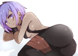 Rule 34 | 1girl, ass, black pantyhose, bodysuit, breasts, dark-skinned female, dark skin, fate/prototype, fate/prototype: fragments of blue and silver, fate (series), halterneck, hassan of serenity (fate), i.u.y, looking at viewer, lying, on side, pantyhose, parted lips, purple eyes, purple hair, shadow, short hair, sidelocks, simple background, small breasts, solo, spandex, thighs, white background