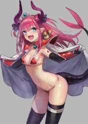 Rule 34 | 1girl, :d, animal, animal on shoulder, armor, bell, bikini, bikini armor, black gloves, black ribbon, black thighhighs, blue eyes, breasts, cape, cowboy shot, curled horns, elbow gloves, elizabeth bathory (brave) (fate), elizabeth bathory (fate), fangs, fate/grand order, fate (series), gloves, grey background, hair ribbon, highres, holding, horns, jingle bell, leaning forward, long hair, looking at viewer, micro bikini, navel, open mouth, pauldrons, pink hair, red bikini, ribbon, shiny skin, shoulder armor, simple background, small breasts, smile, solo, squirrel, standing, swimsuit, tail, terai (teraimorimori), thigh strap, thighhighs, thighs, tiara, white cape