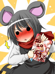 Rule 34 | 1girl, :&lt;, ^^^, aki (akikaze asparagus), animal ears, blush, brown eyes, female focus, grey hair, looking at viewer, mouse ears, nazrin, pornography, scarf, solid circle eyes, solo, surprised, tail, touhou