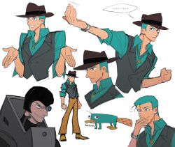 ... 1boy aqua_eyes aqua_hair blue_eyes chi_zhenjiao dual_persona fedora full_body hat highres humanization male_focus multiple_views open_mouth perry_the_platypus personification phineas_and_ferb platypus shirt short_hair smile spoken_ellipsis