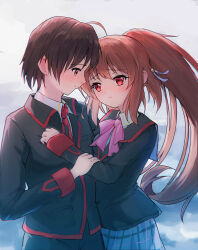 Rule 34 | 1boy, 1girl, ahoge, arm grab, black hair, black jacket, blush, bow, brown hair, closed mouth, collared shirt, couple, cowboy shot, eye contact, eyelashes, furrowed brow, grabbing another&#039;s arm, grey background, grey skirt, hair between eyes, hair ribbon, hand on another&#039;s chest, hetero, highres, hug, jacket, little busters!, little busters! school uniform, long hair, long sleeves, looking at another, naoe riki, natsume rin, necktie, nose blush, pink bow, plaid, plaid skirt, ponytail, profile, red eyes, red necktie, ribbon, school uniform, shiki hamaguri, shirt, short hair, shy, simple background, skirt, smile, split mouth, very long hair, white ribbon, white shirt