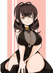 Rule 34 | 1girl, absurdres, ahoge, artist request, blush, breasts, brown hair, curly hair, dress, dsr-50 (girls&#039; frontline), dsr-50 (highest bid) (girls&#039; frontline), girls&#039; frontline, handy (artist), highres, jewelry, large breasts, long hair, looking at viewer, necklace, open mouth, orange eyes, smile, thick thighs, thighs, tight clothes
